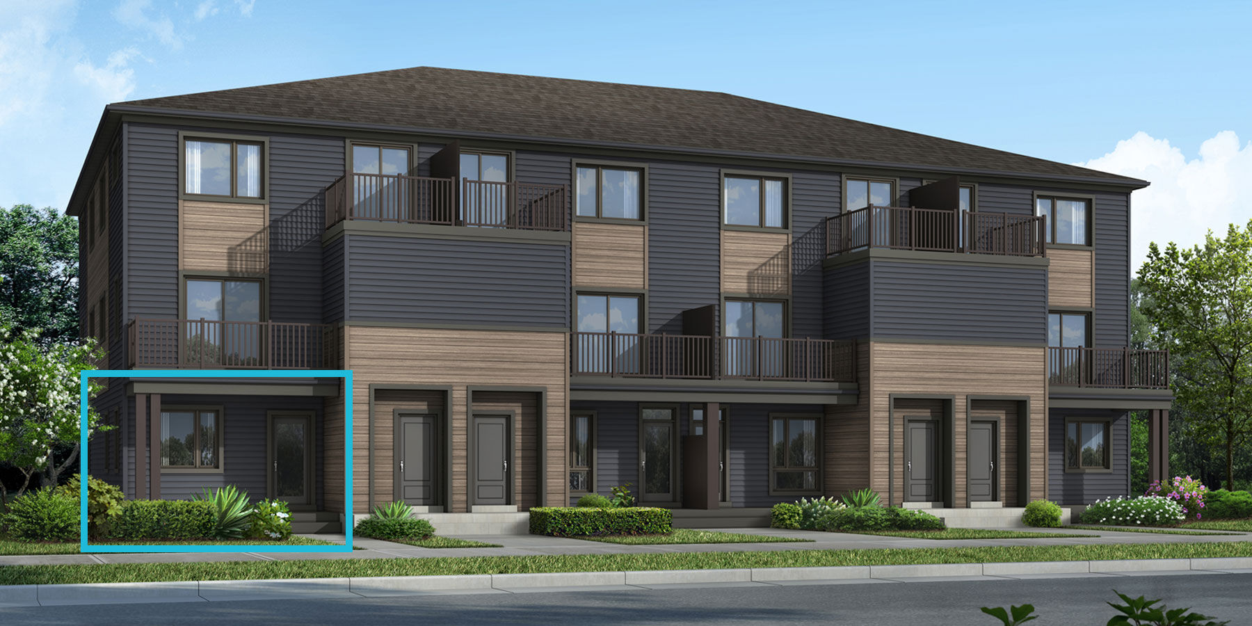 BE elevation for the Boxwood end plan that is a town home with dark siding and light brown highlights. 