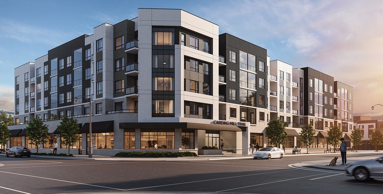 Rendering of a white and grey five story mid-rise building surrounded by trees on a street corner