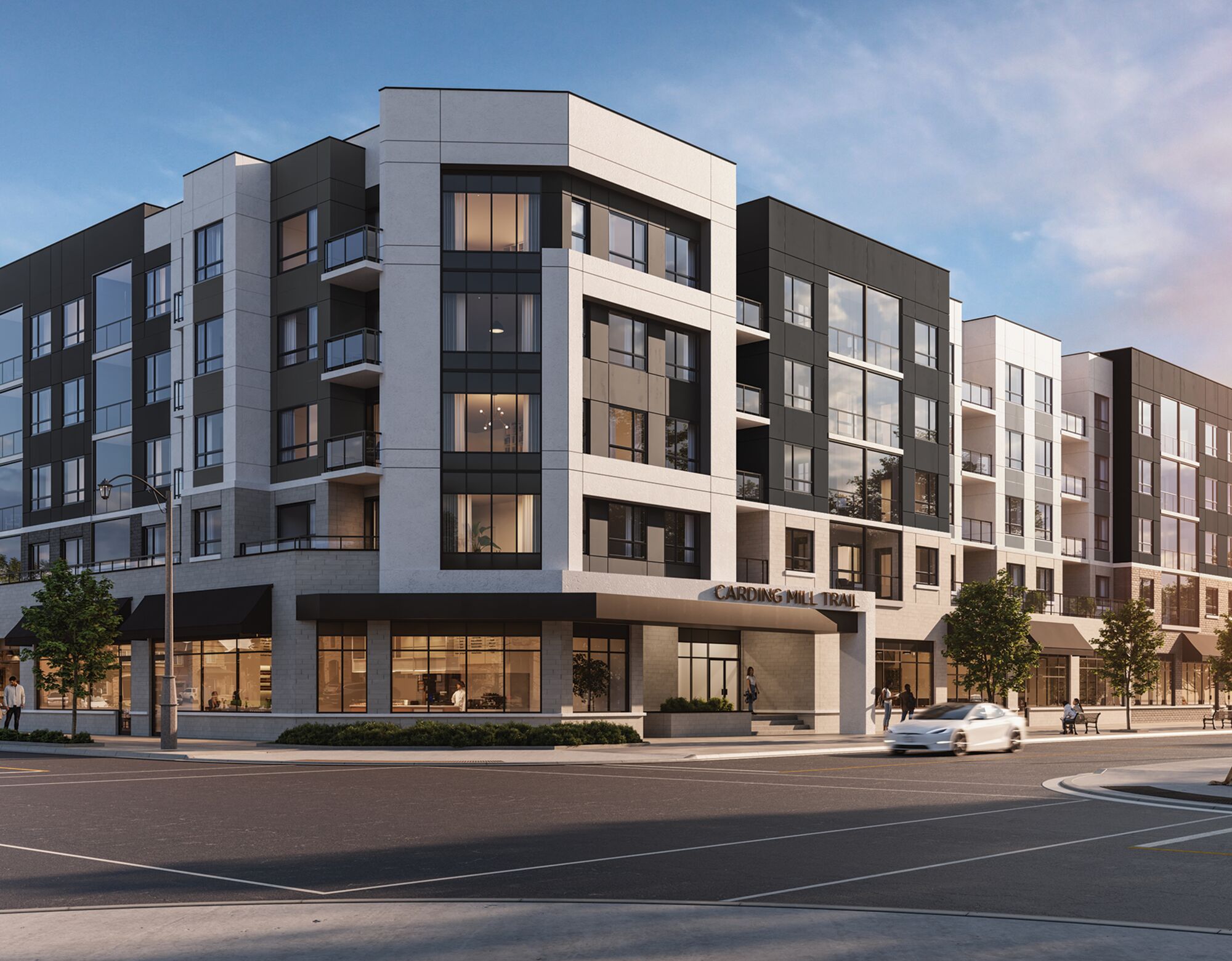 Rendering of a white and grey five story mid-rise building surrounded by trees on a street corner