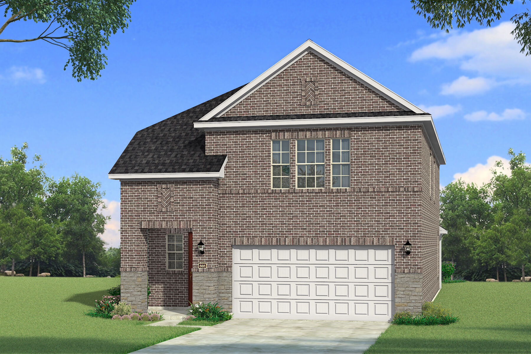 Elevation Front with garage, window, exterior brick and exterior stone