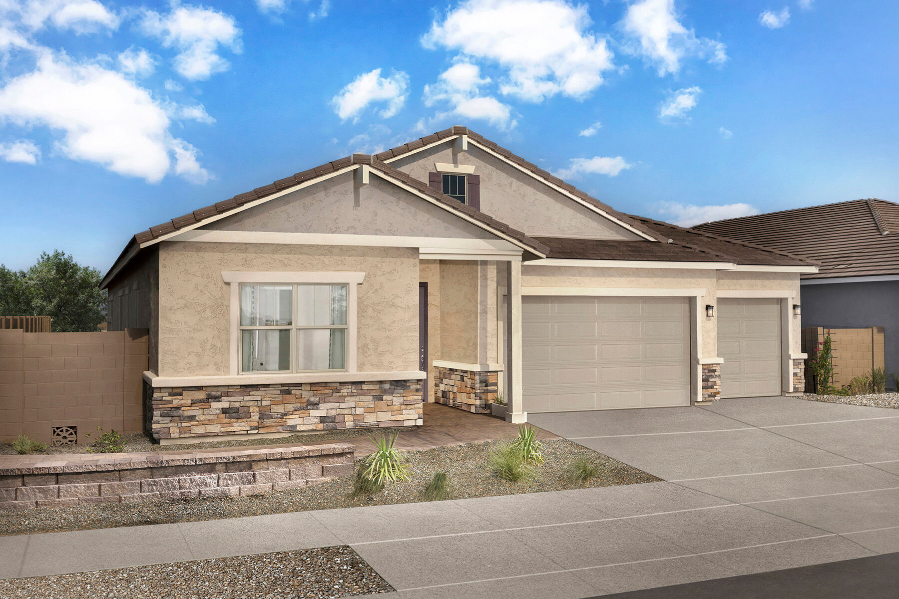 Elevation Front with garage, window and exterior stone