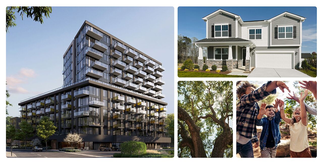 A collection of four images featuring an exterior rendering of a high-rise condo building, a single-family detached home, a family with two young children playing outside and some large trees.