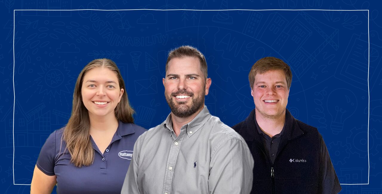 a medium headshot of a woman and two men placed on a deep blue background.