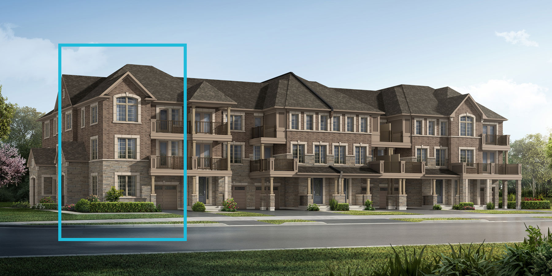 exterior rendering, medallion corner, springwater phase 3, english manor