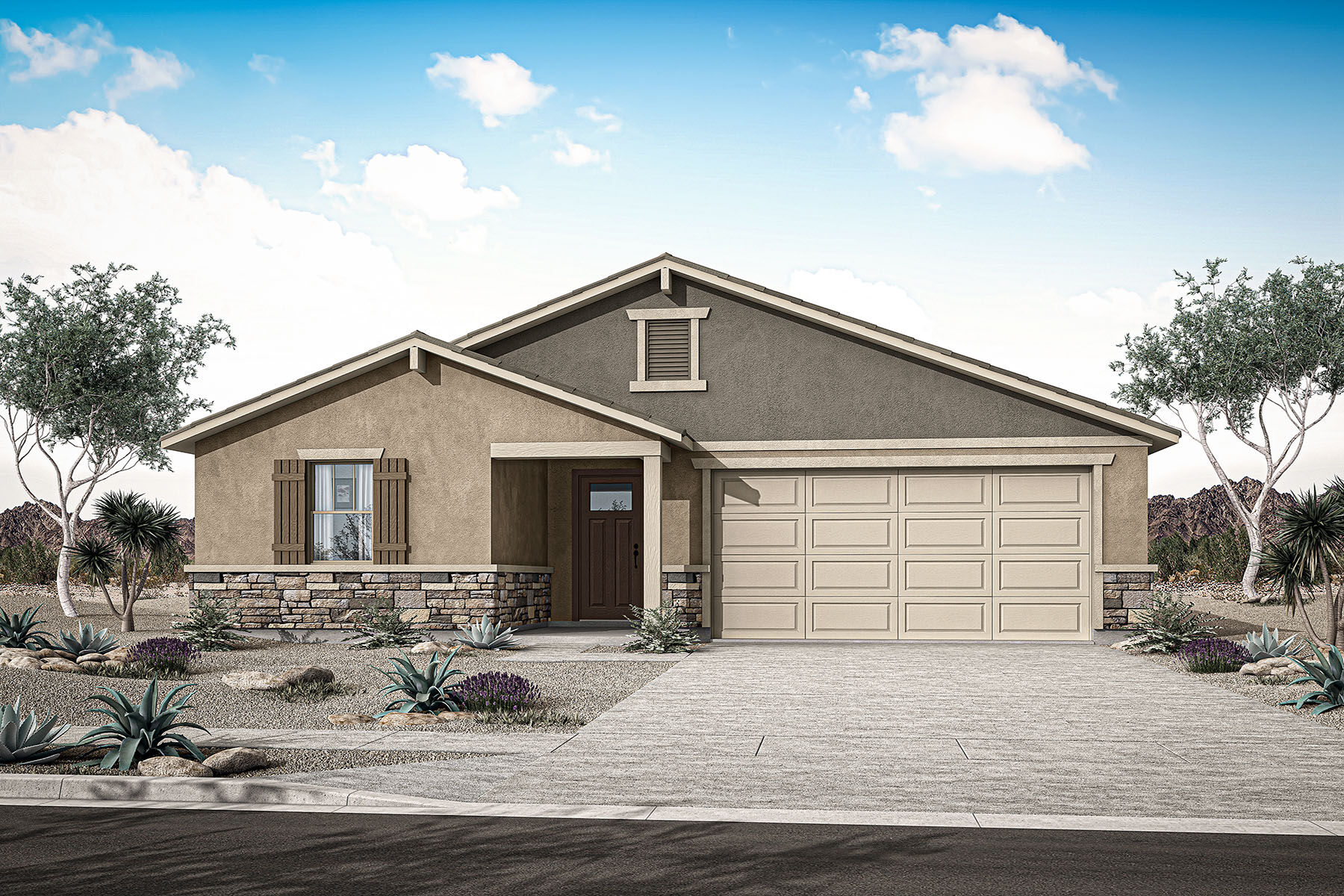  Elevation Front with window, garage, door and exterior stone