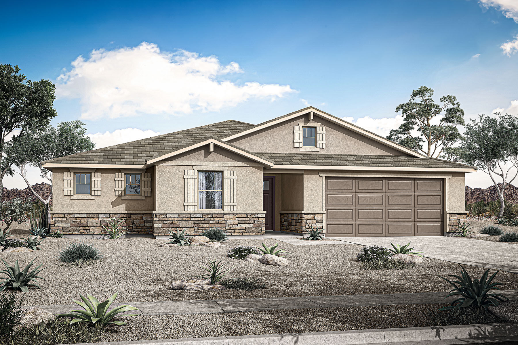  Elevation Front with window, garage, door and exterior stone