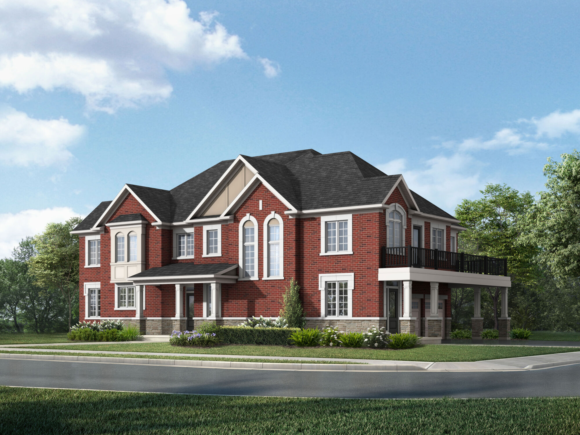 Image of a red brick Double Car Detached Corner Home with a bright blue sky, trees, grass, a sidewalk and a road. 